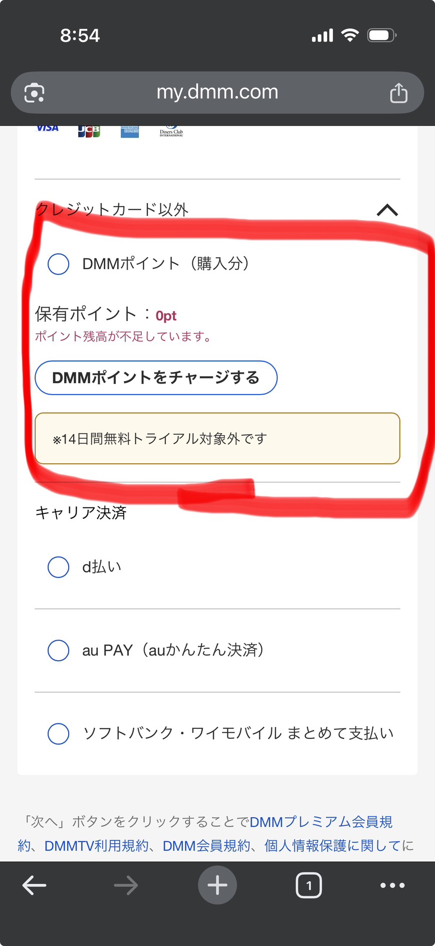 DMMポイント支払いの選択画面の画像